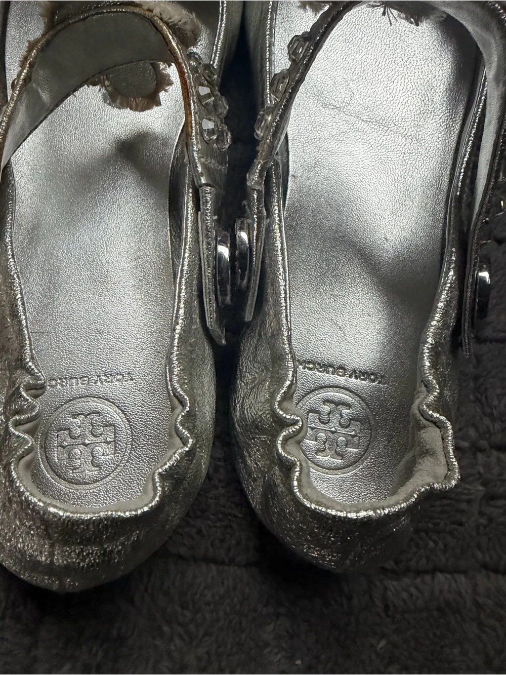 Tory Burch Silver Metallic Jeweled Ballet Flats